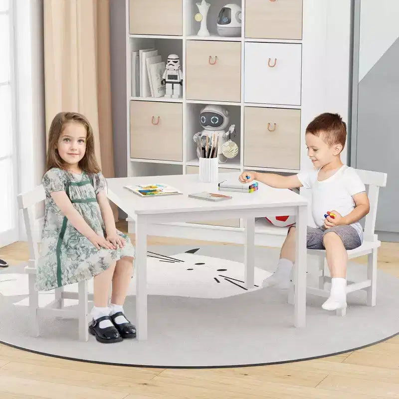 Costway Ensemble table et 2 chaises pour enfants en bois avec pieds en bois de caoutchouc, patins antidérapants Blanc/Gris