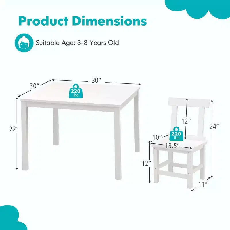 Costway Ensemble table et 2 chaises pour enfants en bois avec pieds en bois de caoutchouc, patins antidérapants Blanc/Gris