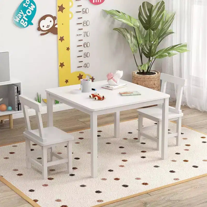 Costway Ensemble table et 2 chaises pour enfants en bois avec pieds en bois de caoutchouc, patins antidérapants Blanc/Gris