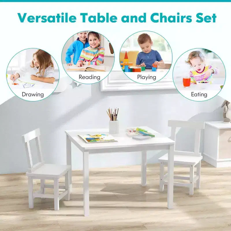 Costway Ensemble table et 2 chaises pour enfants en bois avec pieds en bois de caoutchouc, patins antidérapants Blanc/Gris