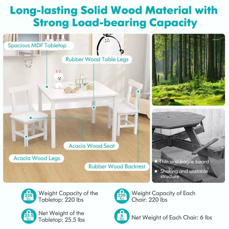 Costway Ensemble table et 2 chaises pour enfants en bois avec pieds en bois de caoutchouc, patins antidérapants Blanc/Gris