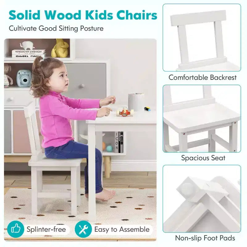 Costway Ensemble table et 2 chaises pour enfants en bois avec pieds en bois de caoutchouc, patins antidérapants Blanc/Gris