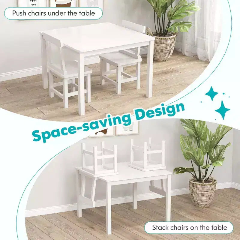 Costway Ensemble table et 2 chaises pour enfants en bois avec pieds en bois de caoutchouc, patins antidérapants Blanc/Gris