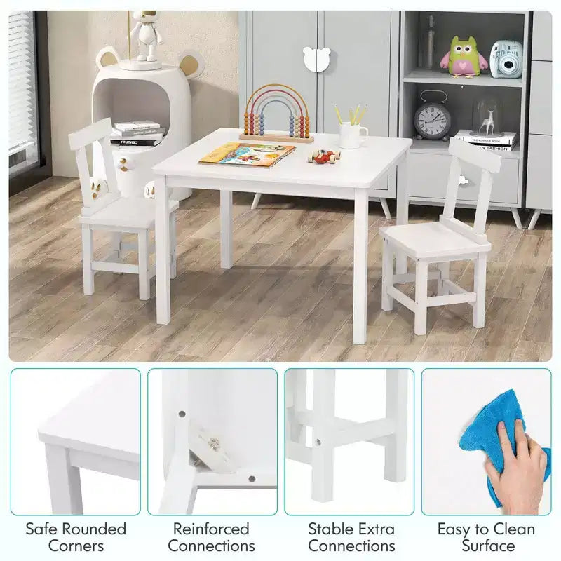 Costway Ensemble table et 2 chaises pour enfants en bois avec pieds en bois de caoutchouc, patins antidérapants Blanc/Gris