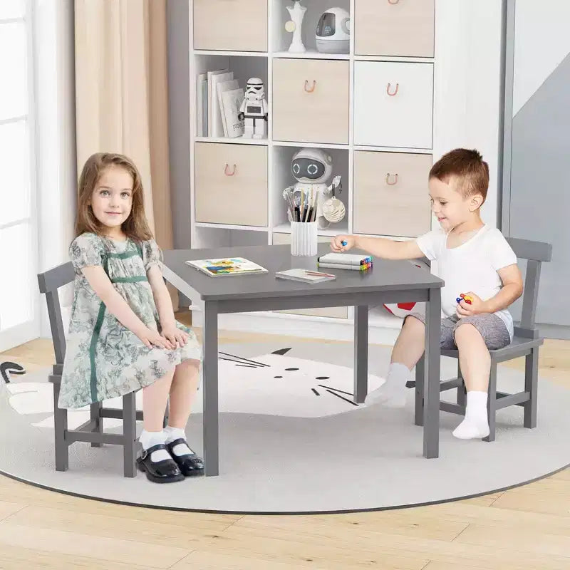 Costway Ensemble table et 2 chaises pour enfants en bois avec pieds en bois de caoutchouc, patins antidérapants Blanc/Gris