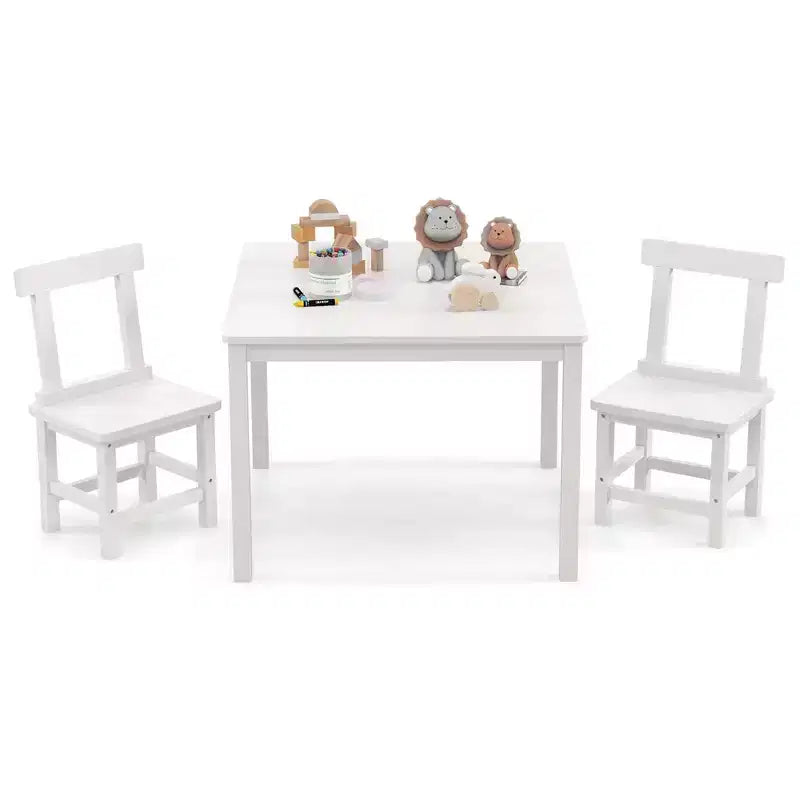 Costway Ensemble table et 2 chaises pour enfants en bois avec pieds en bois de caoutchouc, patins antidérapants Blanc/Gris