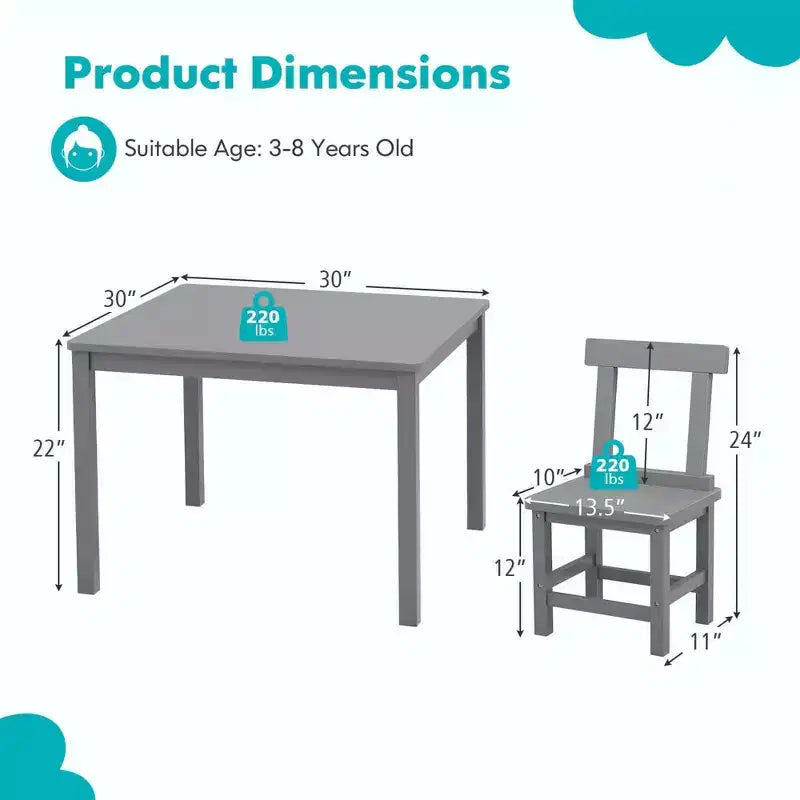 Costway Ensemble table et 2 chaises pour enfants en bois avec pieds en bois de caoutchouc, patins antidérapants Blanc/Gris