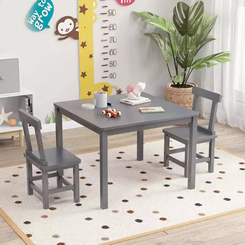 Costway Ensemble table et 2 chaises pour enfants en bois avec pieds en bois de caoutchouc, patins antidérapants Blanc/Gris