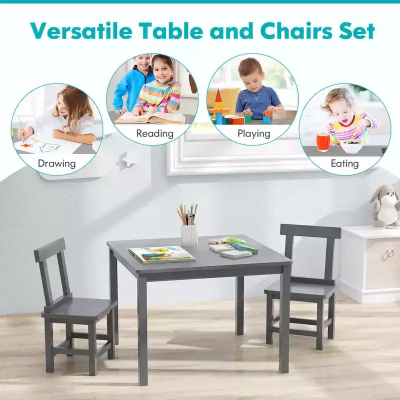 Costway Ensemble table et 2 chaises pour enfants en bois avec pieds en bois de caoutchouc, patins antidérapants Blanc/Gris