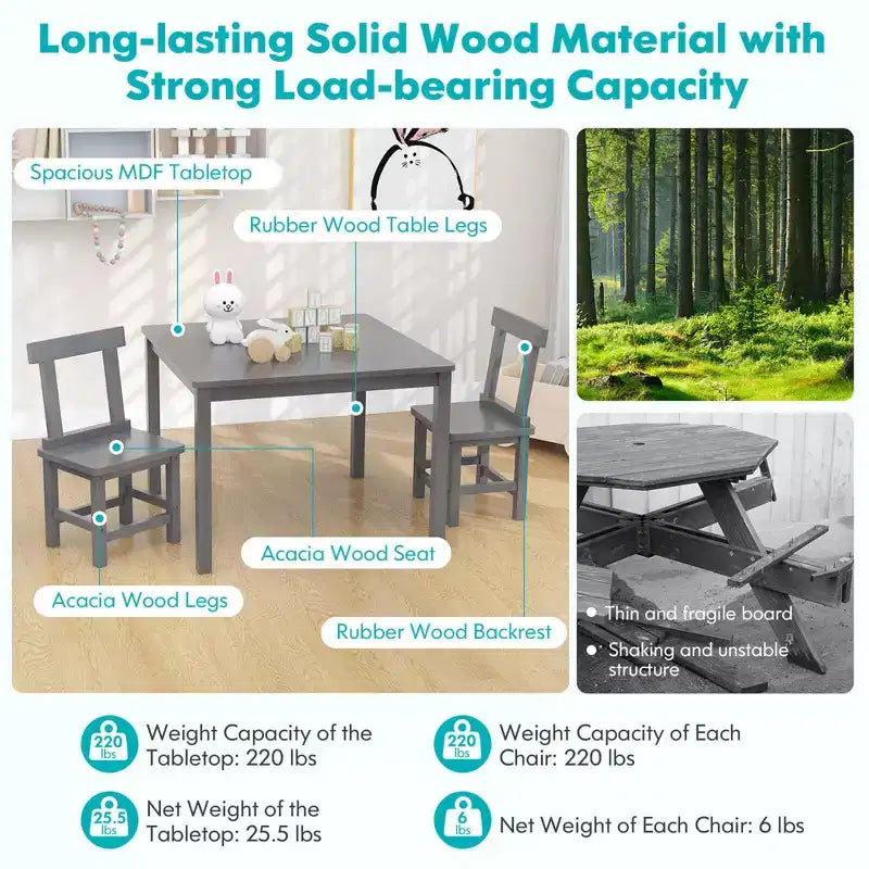 Costway Ensemble table et 2 chaises pour enfants en bois avec pieds en bois de caoutchouc, patins antidérapants Blanc/Gris