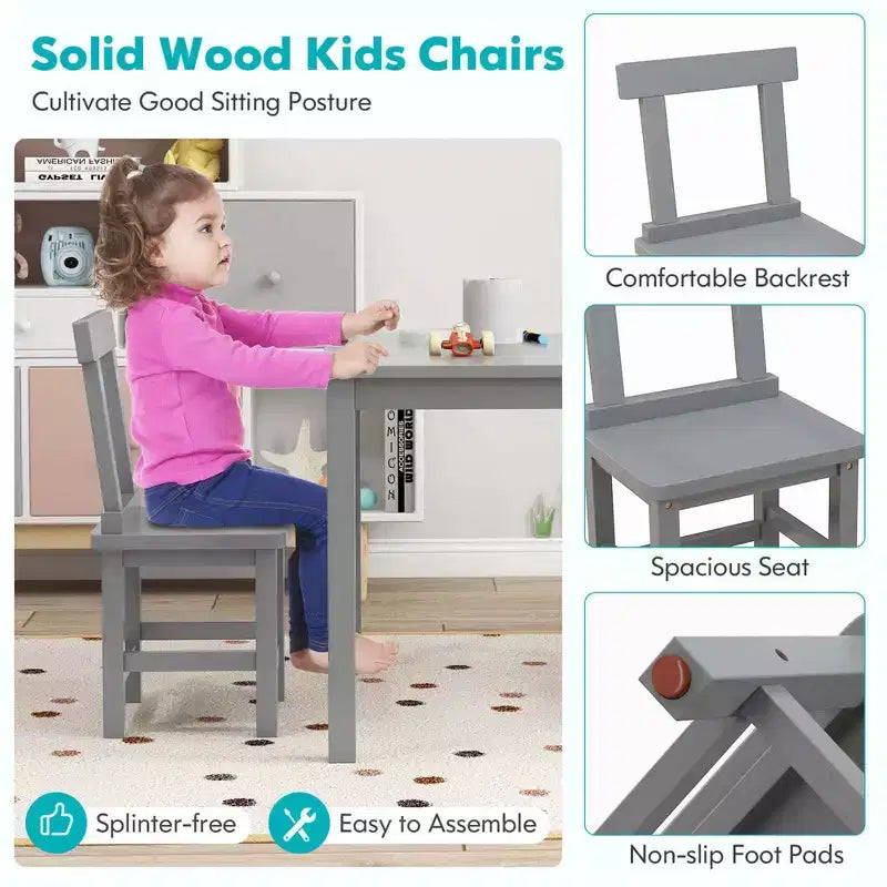 Costway Ensemble table et 2 chaises pour enfants en bois avec pieds en bois de caoutchouc, patins antidérapants Blanc/Gris