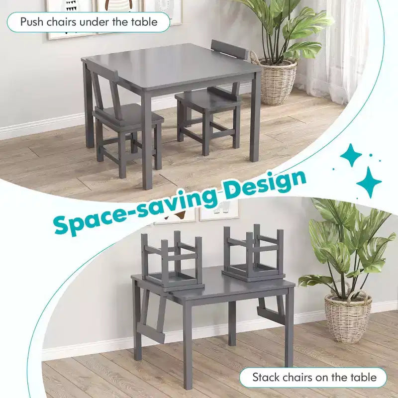 Costway Ensemble table et 2 chaises pour enfants en bois avec pieds en bois de caoutchouc, patins antidérapants Blanc/Gris