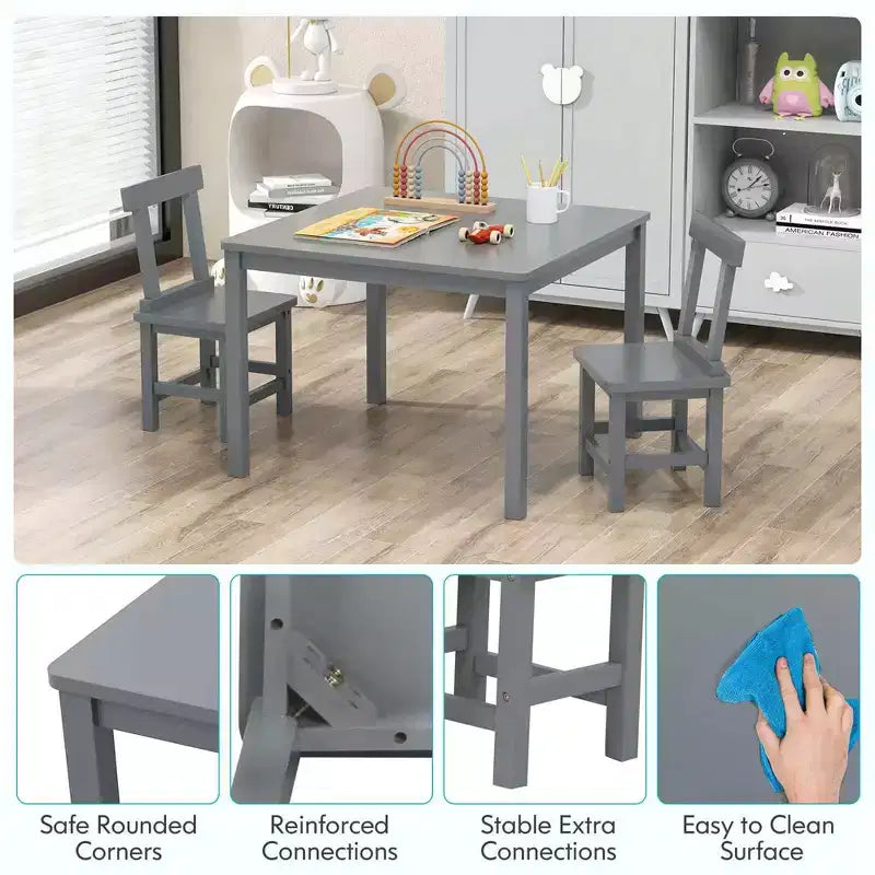Costway Ensemble table et 2 chaises pour enfants en bois avec pieds en bois de caoutchouc, patins antidérapants Blanc/Gris