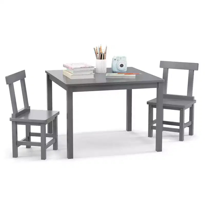 Costway Wooden Kids Table and 2 Chairs Set with Rubber Wood Legs Anti-slip Foot Pads White/Gray