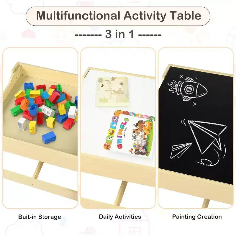 Kinder King Ensemble table et 2 chaises 3-en-1 pour enfants avec rangement, plateau amovible et tableau noir, pour l'art, l'artisanat et la lecture