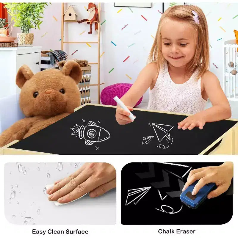 Kinder King Ensemble table et 2 chaises 3-en-1 pour enfants avec rangement, plateau amovible et tableau noir, pour l'art, l'artisanat et la lecture