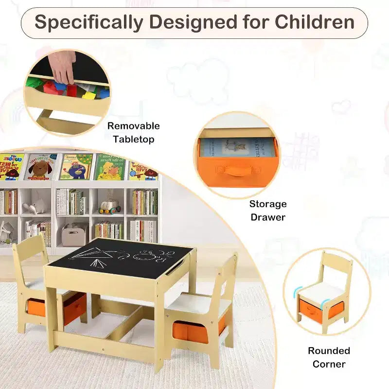 Kinder King Ensemble table et 2 chaises 3-en-1 pour enfants avec rangement, plateau amovible et tableau noir, pour l'art, l'artisanat et la lecture