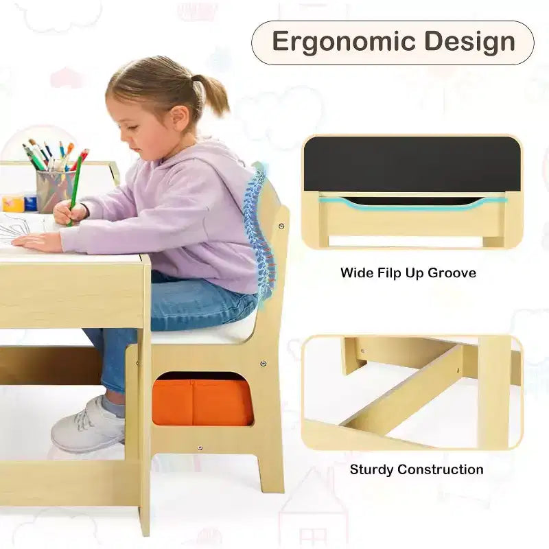 Kinder King Ensemble table et 2 chaises 3-en-1 pour enfants avec rangement, plateau amovible et tableau noir, pour l'art, l'artisanat et la lecture