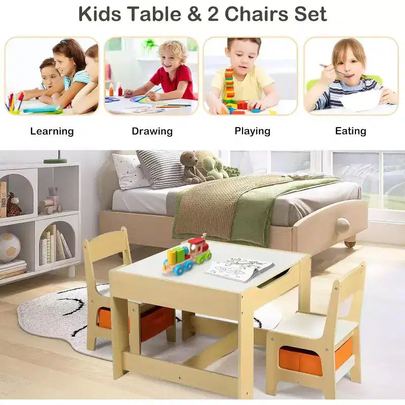 Kinder King Ensemble table et 2 chaises 3-en-1 pour enfants avec rangement, plateau amovible et tableau noir, pour l'art, l'artisanat et la lecture