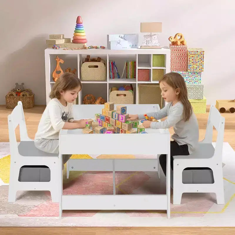 Kinder King Ensemble table et 2 chaises 3-en-1 pour enfants avec rangement, plateau amovible et tableau noir, pour l'art, l'artisanat et la lecture