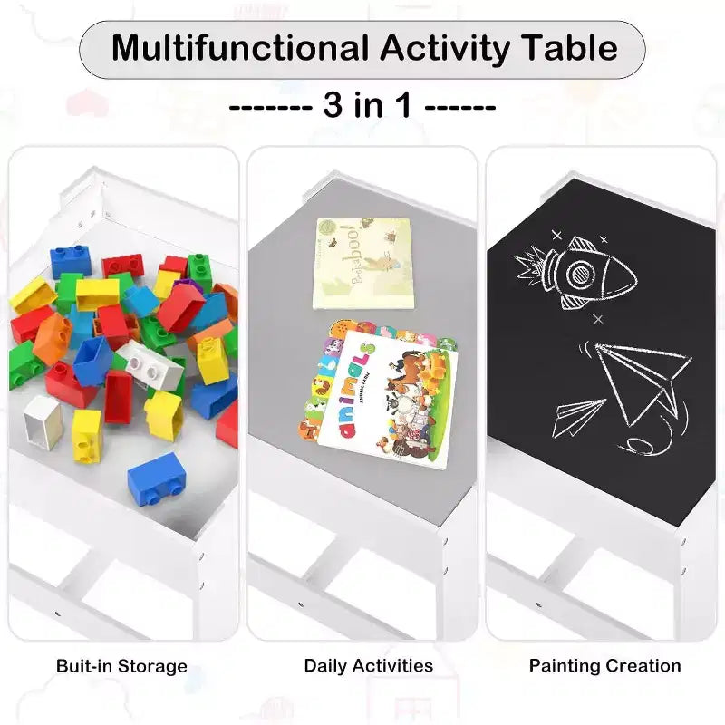 Kinder King Ensemble table et 2 chaises 3-en-1 pour enfants avec rangement, plateau amovible et tableau noir, pour l'art, l'artisanat et la lecture