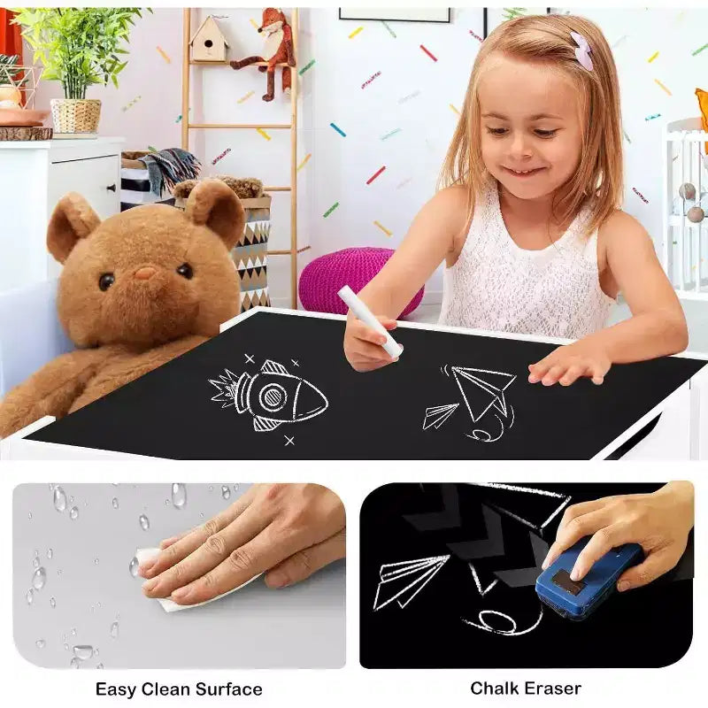Kinder King Ensemble table et 2 chaises 3-en-1 pour enfants avec rangement, plateau amovible et tableau noir, pour l'art, l'artisanat et la lecture