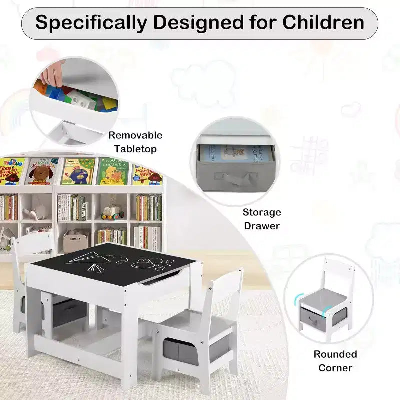 Kinder King Ensemble table et 2 chaises 3-en-1 pour enfants avec rangement, plateau amovible et tableau noir, pour l'art, l'artisanat et la lecture