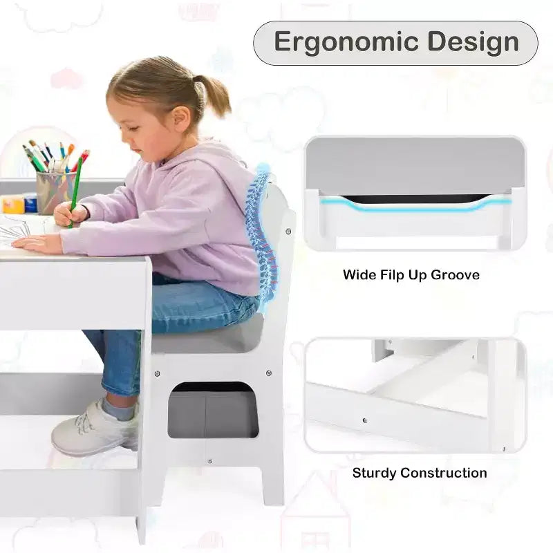 Kinder King Ensemble table et 2 chaises 3-en-1 pour enfants avec rangement, plateau amovible et tableau noir, pour l'art, l'artisanat et la lecture