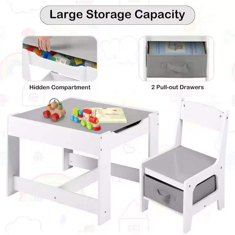 Kinder King Ensemble table et 2 chaises 3-en-1 pour enfants avec rangement, plateau amovible et tableau noir, pour l'art, l'artisanat et la lecture