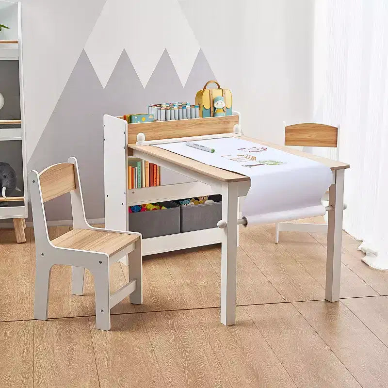 LuxenHome Kids Art Table and Chairs Set with Paper Roll Holder, Wooden Toddler Activity Table with Storage Bins & Bookshelf, Ages 3-6 Brown