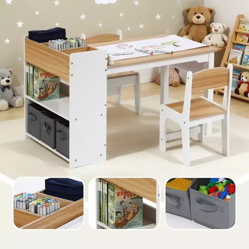 Ensemble table et chaises pour enfants LuxenHome avec support de rouleau de papier, table d'activités en bois pour tout-petits avec bacs de rangement et étagère à livres, 3-6 ans, marron