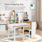 Ensemble table et chaises pour enfants LuxenHome avec support de rouleau de papier, table d'activités en bois pour tout-petits avec bacs de rangement et étagère à livres, 3-6 ans, marron