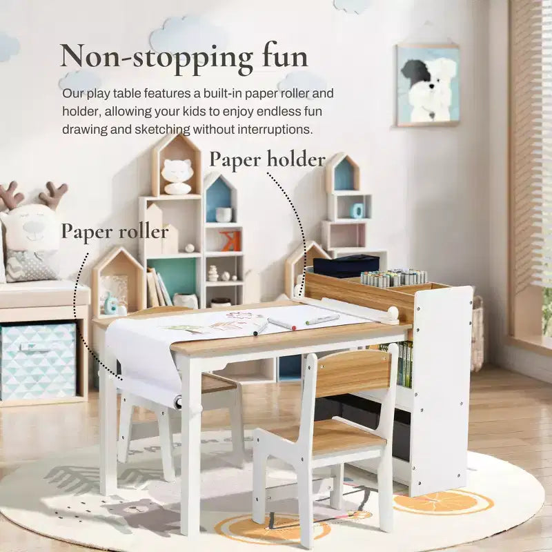 Ensemble table et chaises pour enfants LuxenHome avec support de rouleau de papier, table d'activités en bois pour tout-petits avec bacs de rangement et étagère à livres, 3-6 ans, marron