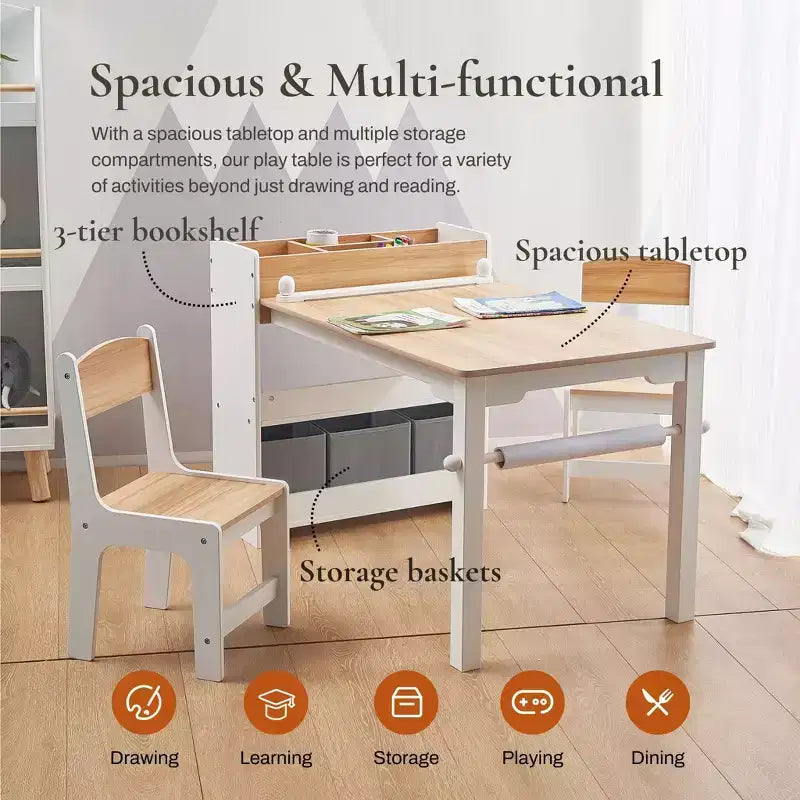 Ensemble table et chaises pour enfants LuxenHome avec support de rouleau de papier, table d'activités en bois pour tout-petits avec bacs de rangement et étagère à livres, 3-6 ans, marron