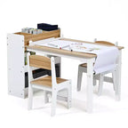 Ensemble table et chaises pour enfants LuxenHome avec support de rouleau de papier, table d'activités en bois pour tout-petits avec bacs de rangement et étagère à livres, 3-6 ans, marron