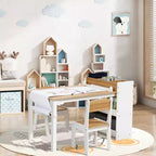 Ensemble table et chaises pour enfants LuxenHome avec support de rouleau de papier, table d'activités en bois pour tout-petits avec bacs de rangement et étagère à livres, 3-6 ans, marron