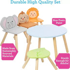 Ensemble table et chaises en bois pour enfants avec 4 sièges - Singe, Lion et Éléphant Plus Tabouret Adulte pour activités artistiques, repas, jeux de rôle - Salle de jeux durable