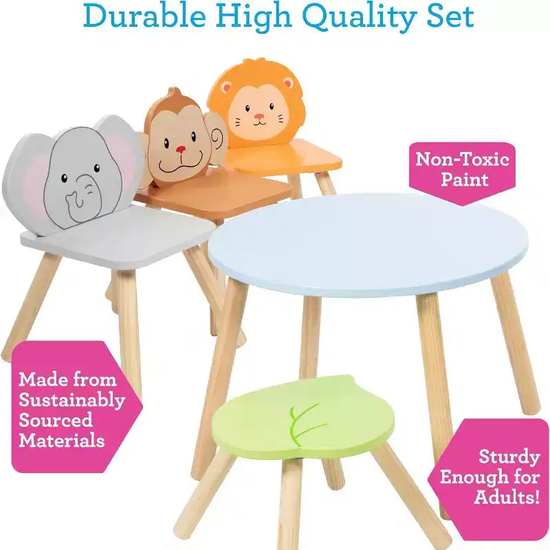 Ensemble table et chaises en bois pour enfants avec 4 sièges - Singe, Lion et Éléphant Plus Tabouret Adulte pour activités artistiques, repas, jeux de rôle - Salle de jeux durable