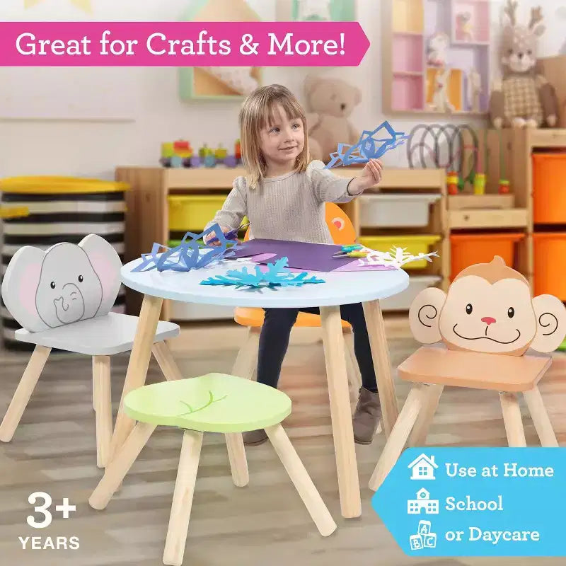 Ensemble table et chaises en bois pour enfants avec 4 sièges - Singe, Lion et Éléphant Plus Tabouret Adulte pour activités artistiques, repas, jeux de rôle - Salle de jeux durable