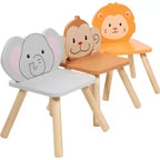 Ensemble table et chaises en bois pour enfants avec 4 sièges - Singe, Lion et Éléphant Plus Tabouret Adulte pour activités artistiques, repas, jeux de rôle - Salle de jeux durable