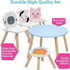 Ensemble table et chaises Svan en bois sur le thème des animaux avec 3 sièges (vache, cochon, mouton) pour activités créatives, jeux de rôle - Mobilier de salle de jeux pour tout-petits et enfants plus âgés