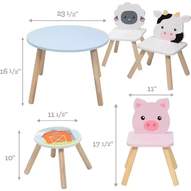 Ensemble table et chaises Svan en bois sur le thème des animaux avec 3 sièges (vache, cochon, mouton) pour activités créatives, jeux de rôle - Mobilier de salle de jeux pour tout-petits et enfants plus âgés