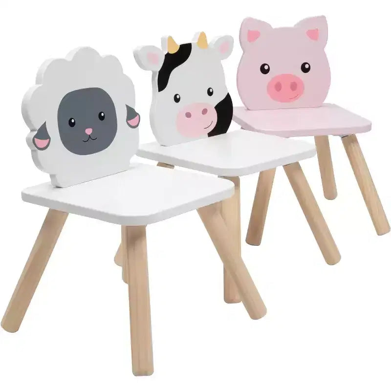 Ensemble table et chaises Svan en bois sur le thème des animaux avec 3 sièges (vache, cochon, mouton) pour activités créatives, jeux de rôle - Mobilier de salle de jeux pour tout-petits et enfants plus âgés