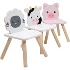 Ensemble table et chaises Svan en bois sur le thème des animaux avec 3 sièges (vache, cochon, mouton) pour activités créatives, jeux de rôle - Mobilier de salle de jeux pour tout-petits et enfants plus âgés