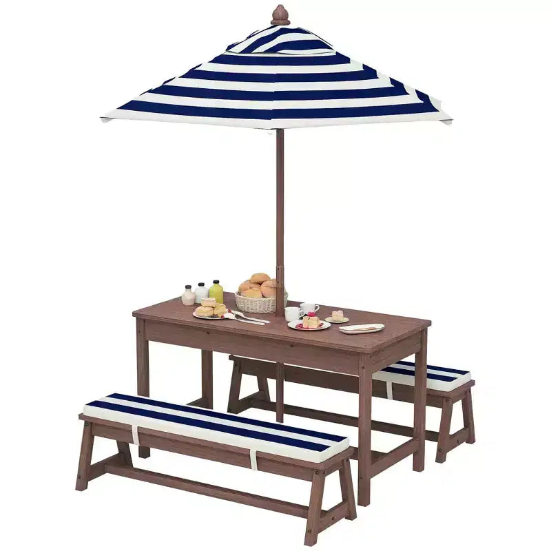 Qaba Kids Picnic Table, Outdoor Wooden Table & Bench Set with Cushions and Umbrella, for Patio, Garden, Navy Blue