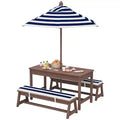Qaba Kids Picnic Table, Outdoor Wooden Table & Bench Set with Cushions and Umbrella, for Patio, Garden, Navy Blue