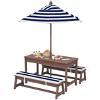 Qaba Kids Picnic Table, Outdoor Wooden Table & Bench Set with Cushions and Umbrella, for Patio, Garden, Navy Blue