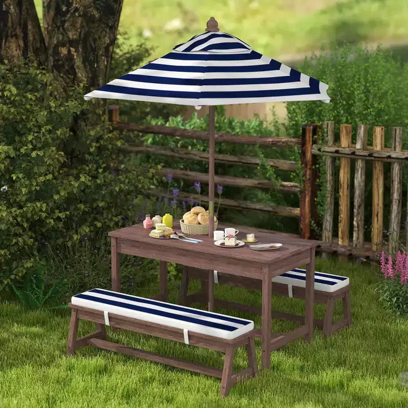 Table de pique-nique pour enfants Qaba, ensemble table et banc en bois d'extérieur avec coussins et parasol, pour patio, jardin, bleu marine