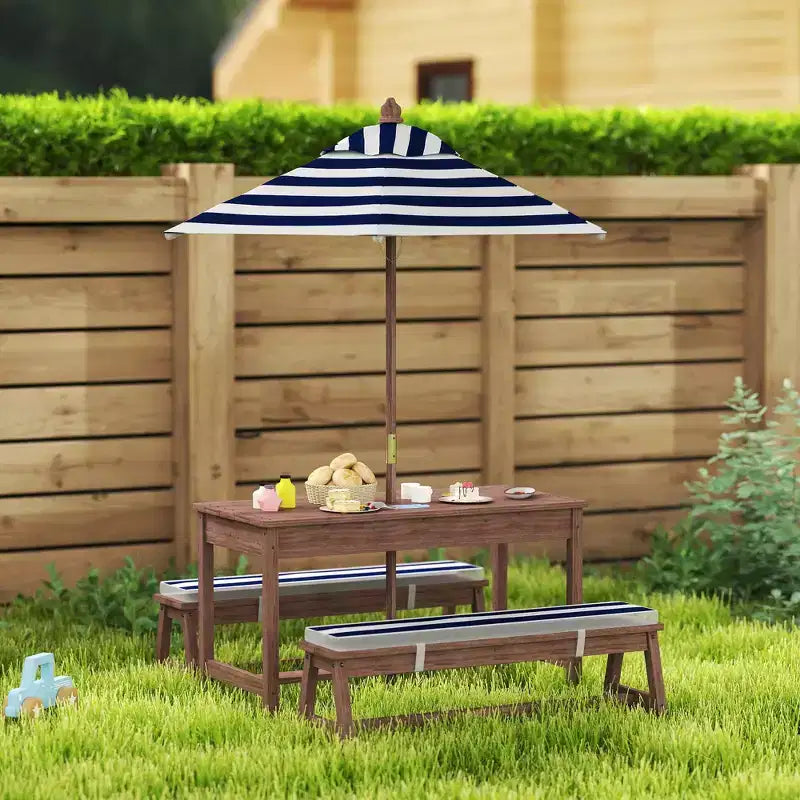 Table de pique-nique pour enfants Qaba, ensemble table et banc en bois d'extérieur avec coussins et parasol, pour patio, jardin, bleu marine