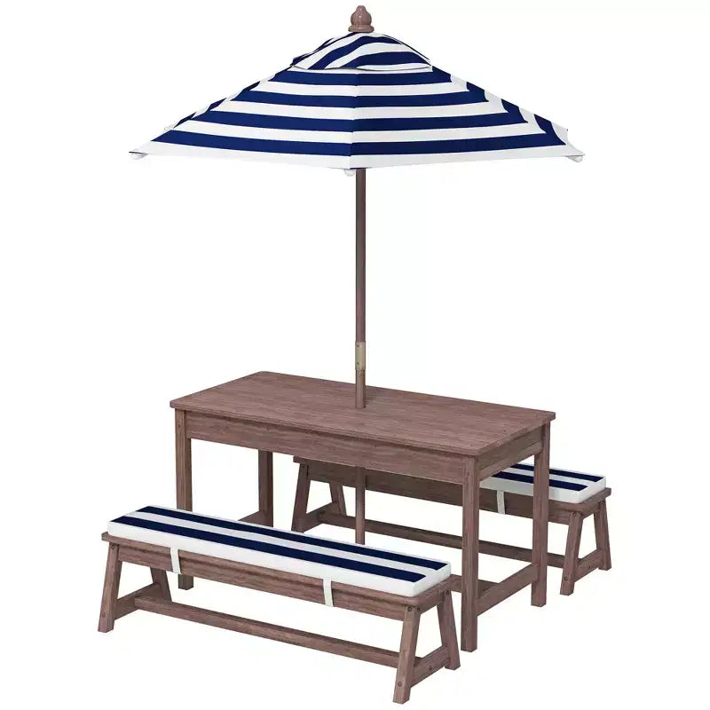 Table de pique-nique pour enfants Qaba, ensemble table et banc en bois d'extérieur avec coussins et parasol, pour patio, jardin, bleu marine